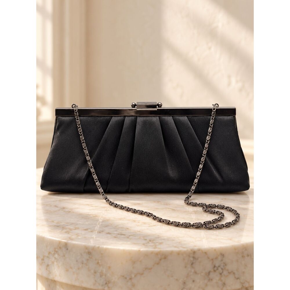 Jessica McClintock Black Pleated Satin Chain Evening Bag Quiet Luxury Gala Purse